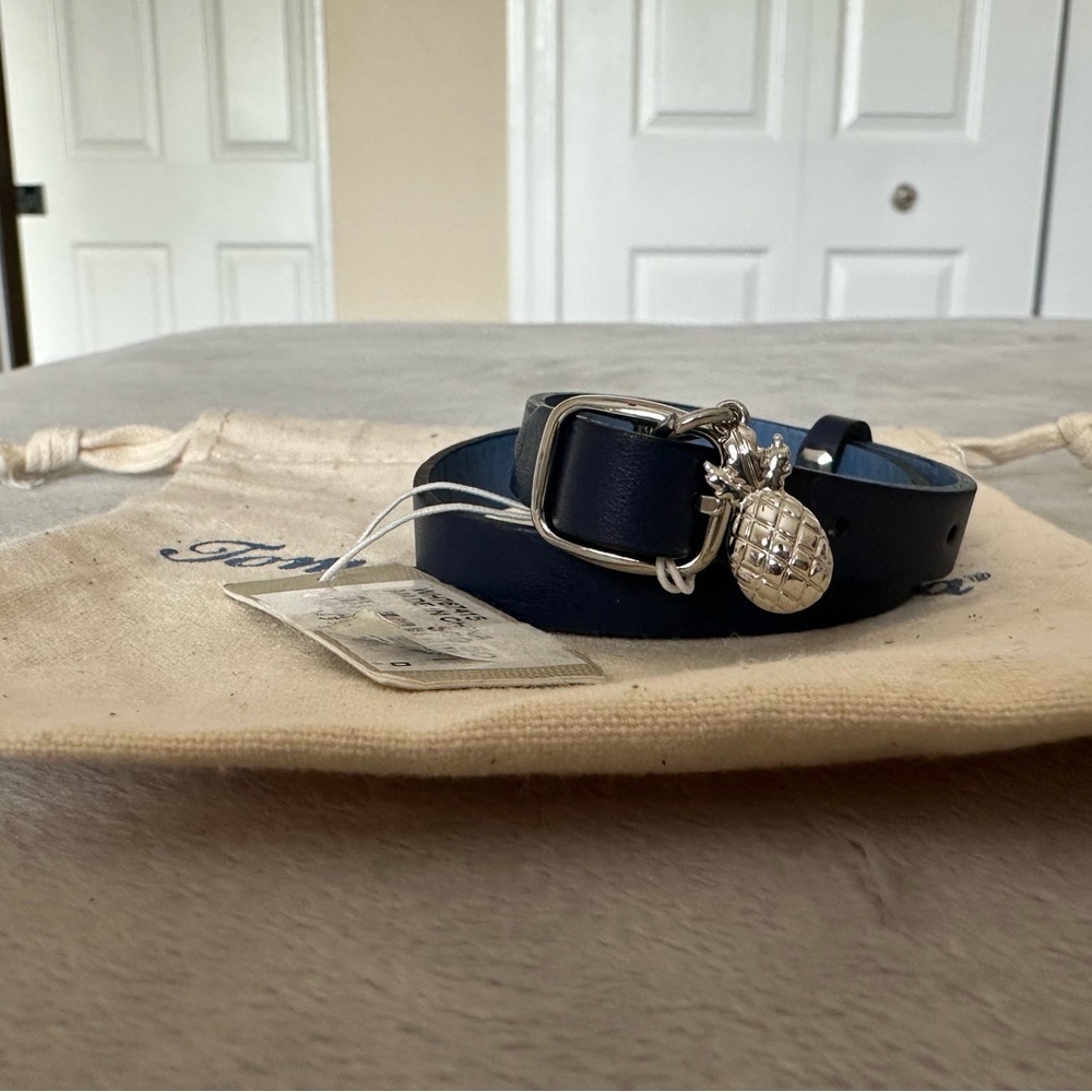 Tommy Bahama Navy Leather Double Wrap Bracelet with Silver Pineapple Charm